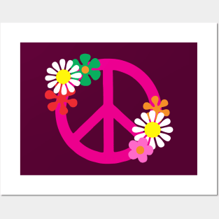 Pink Hippie Peace Symbol and Flowers Posters and Art